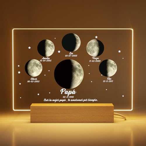 DXDOING Marco de Luz LED de Acrílico con Fase Lunar Personalizada – Regalo para Papá en el Día del Padre – Caja de Luz con Nombre y Fecha Especial – Ideal para Mamá, Abuelos, Cumpleaños, Aniversario