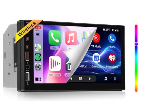 7inch Wireless Carplay Double Din Car Stereo with Wireless Android Auto,1080P HD Touchscreen 5.0 Bluetooth Mirror Link,FM Radio,Online Video,7Color Key Light,USB/AUX/USB Port AHD Backup Camera