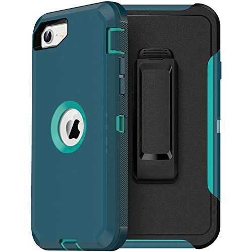 MXX Case Designed for iPhone SE 2022 /SE 2020 Heavy Duty Protective Case with Screen Protector [3 Layers] Rugged Rubber Shockproof Protection Cover & Rotating 360 Degree Belt Clip (Turquoise)