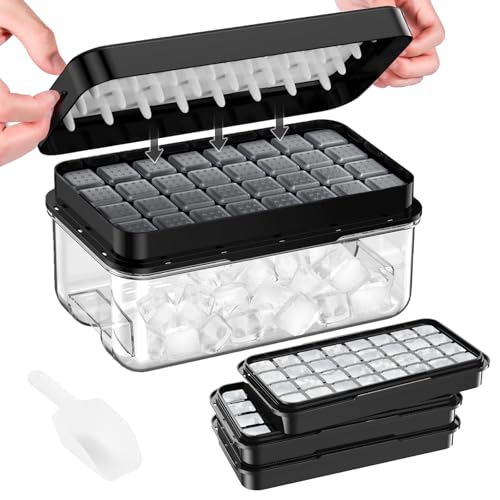 PHINOX Ice Cube Tray with Lid and Bin, 3 Pack Plastic Ice Cube Tray Molds, 96(4*8*3) pcs Ice Trays for freezer, Chilling Drinks, Whiskey & Cocktails, with Ice Container and Ice Scoop, BPA-Free, Black