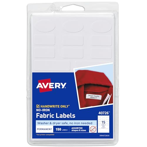 Avery No-Iron Fabric Labels, Assorted Shapes and Sizes, Washer and Dryer-Safe Waterproof Labels, Non-Printable, 150 Total (40726)