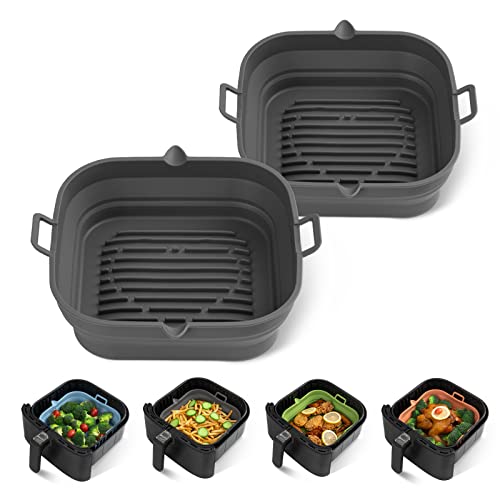 [2 Pack] Silicone Air Fryer Liners Square - Reusable Airfryer Silicone Basket - Easy to Clean Air Fryers Silicone Pot for 5.8 to 8 Qt Large Air Fryer Baking Tray Oven Accessories, 8.5 Inch