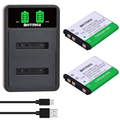Batmax 2Pcs EN-EL10 NP-45 Li-40B Battery + Quick LED Dual Charger for Fujifilm NP 45 Nikon EN EL10 Olympus LI-42B LI-40B, Kodak KLIC-7006, Casio NP-80, Pentax D-Li63 D-Li108 Coolpix S60 S80 S200 S203