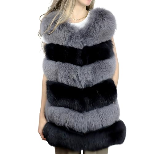 La Fiorentina Women's Fox Fur Vest, Two Tone Black/Grey