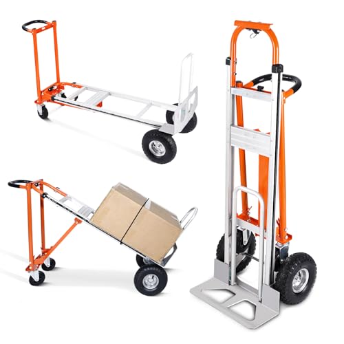 KAFLLA 3-in-1 Aluminum Convertible Hand Truck Dolly, 770 lbs Capacity, Industrial Cart with 10" Rubber Wheels, Ergonomic Handle & Extendable Nose Plate
