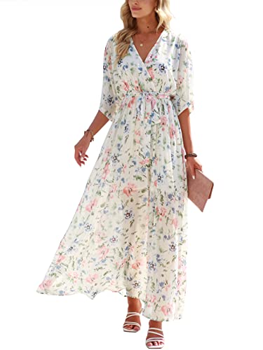 ANRABESS Women’s Summer Loose Boho Flowy Wrap V Neck 3/4 Sleeve Floral Print Slit Beach Wedding Guest Long Maxi Dresses 2024 Floral Pink Blue X-Large