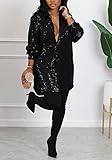 Sequin Dress for Women Sparkle Glitter Evening Lapel Collar Button Down Casual Blouse Top Shirt Dresses 1-Black X-Large