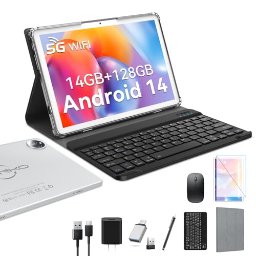 2025 Latest Android 14 Tablet 10 inch with 128GB Rom+14GB Ram+2TB Expand, 4G Cellular Tablets with Dual Sim Slot, 2 in 1 Tablet with Case/Keyboard/Mouse, 5G&2.4G Wifi, Octa-Core GPS 8000mAh (Silver)