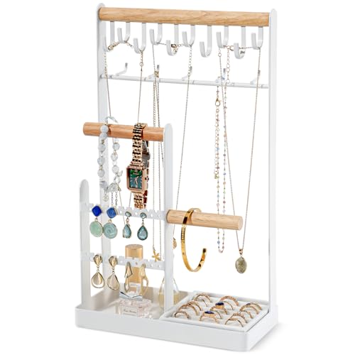 ProCase Jewelry Organizer Jewelry Stand Jewelry Holder Organizer, 4-Tier Necklace Organizer with Ring Tray, Large Aesthetic Jewelry Tower Storage Rack Tree for Bracelets Earrings Rings -Large, White