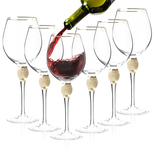 BERKWARE Premium Wine Glasses Set of 6 - Crystal Long Stem Wine Glass with Gold Rim & Rhinestone Design - 18 oz