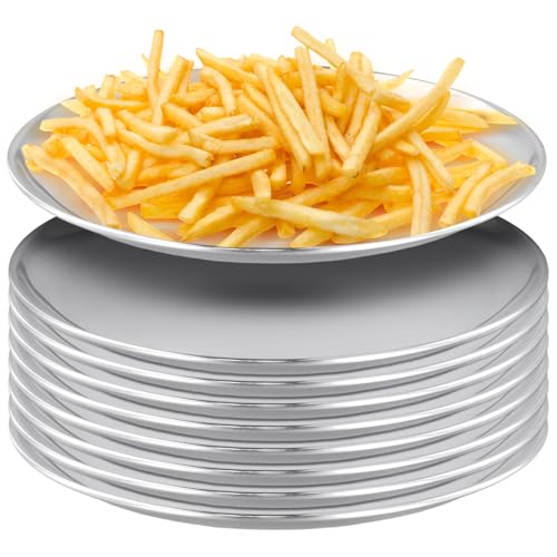 PINGEUI 8 Pack 12 inch Stainless Steel Plates, Round Metal Dinner Plates, Kitchenware Sliver metal plates, Dishes Dinner Serving Tray Plates for BBQ, Snack, Food Serving, Party