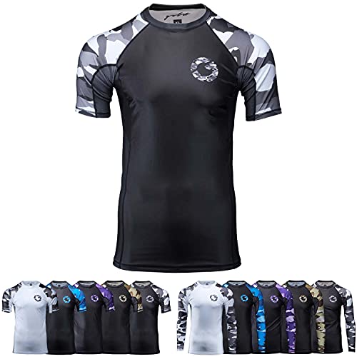 Gold BJJ Jiu Jitsu Rashguard - Camo Short Sleeve Rash Guard Compression Shirt for No-Gi, Gi, & MMA (Black Camo, XXL)