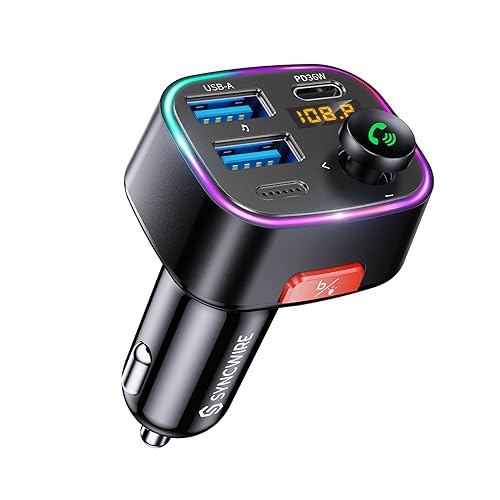 Syncwire Bluetooth 5.4 FM Transmitter Car Adapter 48W (PD 36W & 12W) [Light Switch] [HiFi Bass Sound] [Fast Charging] Wireless Radio Music Adapter LED Display Hands-Free Calling Support USB Drive