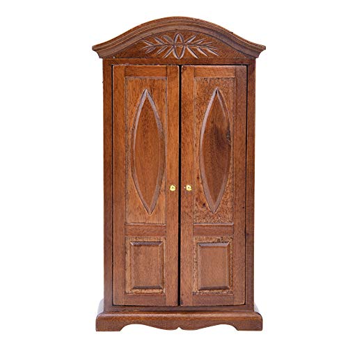 Dollhouse Wardrobe,1:12 Simulation Miniature Bedroom Furniture Wooden Vintage Cabinet for Fairy Gardens Doll House Decoration Accessories (Brown)