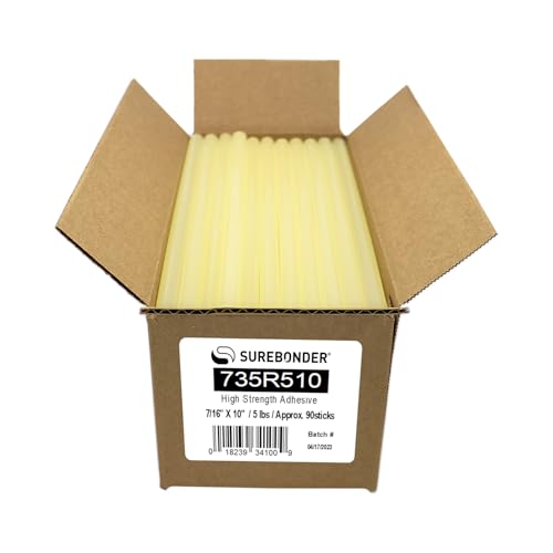 Surebonder 735R510 Full Size 10" High Strength Hot Glue Sticks for Cardboard, Plastic, Wood, Metal - 90 Glue Sticks, Amber, 5 lb Box
