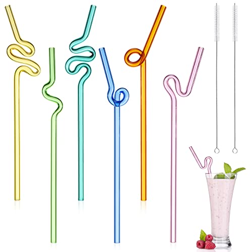 6 Pcs Wavy Glass Straw Reusable Curved Silly Glass Straws Shatter Resistant with 2 Cleaning Brushes Multicolor Clear High Borosilicate Glass Straws for Kids Adults Juice (Colorful, 10 Inch)