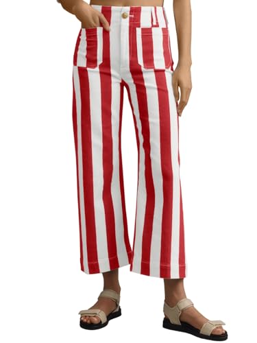 Tankaneo Womens Cropped Striped Jeans Casual High Waisted Stretchy Straight Leg Denim Pants with Pockets Red
