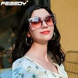 FEISEDY Sunglasses Womens Trendy, Oversized Square Shades, Pearl Inlay Cat Eye Frame UV400 Protection B2625,Clear Purple/Purple Pink