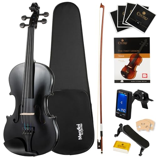 Mendini By Cecilio Violin 4/4 Full Size For Beginners - Fiddle Solidwood Kit with Hard Case - Acoustic Violins with Bow, Rosin, Tuner, Extra Strings & Bridge, Shoulder Rest and Lesson Book (Black)