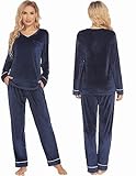 Ekouaer Couples Matching Pajamas Sets Velvet PJs Set for Men and Women Velour Long Sleeve Sleepwear S-XXL Navy