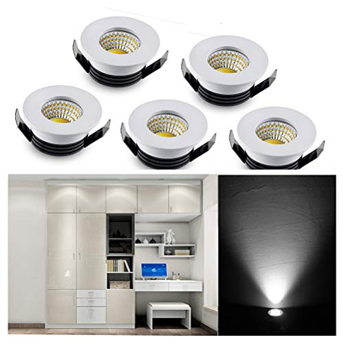 Sorfia 5Pack 3W Mini LED Lights - 1 Inch Recessed, Under Cabinet - Cool White (6000K) - 300LM - AC 110V/220V - LED Driver Power Supply