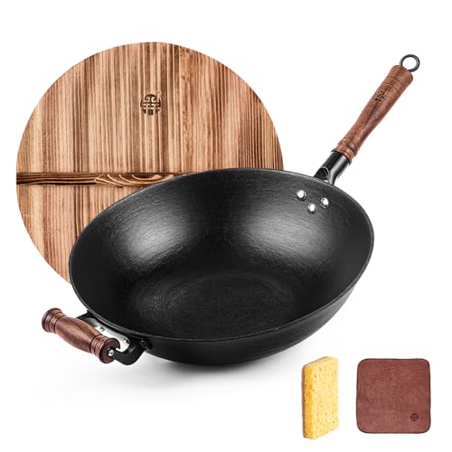 WANGYUANJI Cast Iron Pot,13.4 inch Craft Wok Chinese Wok,Flat Bottom Iron Woks with Lid,Fry Pan Suitable for Induction, Electric, Gas, Halogen All Stoves-Black
