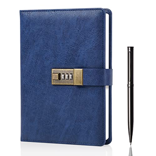 WEMATE Diary with Lock, A5 PU Leather Journal with Lock 240 Pages, Vintage Lock Journal Password Protected Notebook with Pen & Gift Box, Lock Diary Planner Organizer for Men and Women, 8.6x5.8in