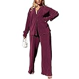 kaimimei Casual 2 Piece Outfit for Women - Linen Long Sleeve Button Down Shirt + Flare Pleated Wide Leg Pants Sets Streetwear