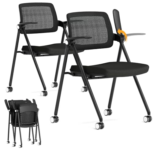 FYLICA Stackable & Foldable Office Chair Set of 2, Folding Desk Chair with Flip-Up Armrest, Breathable Mesh, Thick Seat Cushion & Rocking Backrest, Conference Room Chair with Wheel (Black)