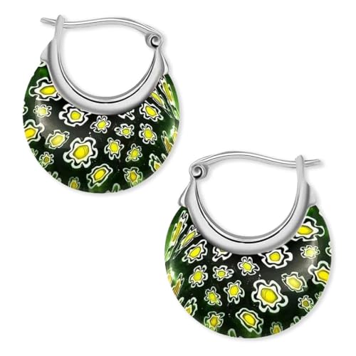 Green Murano Style Glass Hoop Earrings - Drop Dangle Earrings Stainless Steel Fun Daisy Flower Jewelry - Anniversary Engagement Gifts for Her Ct. 30