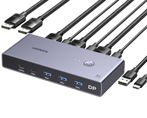 UGREEN 8K Displayport KVM Switch 2 in 1 Out DP1.4 with 4 USB 3.0 Ports(3 USB-A + 1 USB-C) Support 8K@60Hz 4K@240Hz Share 1 Monitor Keyboard Mouse U-Disk Printer, with 2 DP Cables, 2 USB A to C Cables