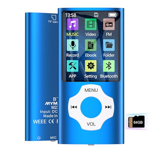 64GB Portable MP3 Player with Bluetooth 5.2, MYMAHDI 1.8" LCD Screen Music Player Up to 128GB, Mini MP3 Player with Music, Video, FM Radio, Voice Record, E-Book Reader, Photo Viewer, Darkblue