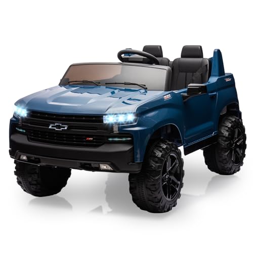 Hetoy 24V 2-Seater Truck Licensed Chevrolet Silverado Ride On Car Toy w/Parent Remote Control,4xSpring Suspension, 3 Speeds, Wireless Music, MP3 Player, Electric Vehicle Car for Kids, Blue
