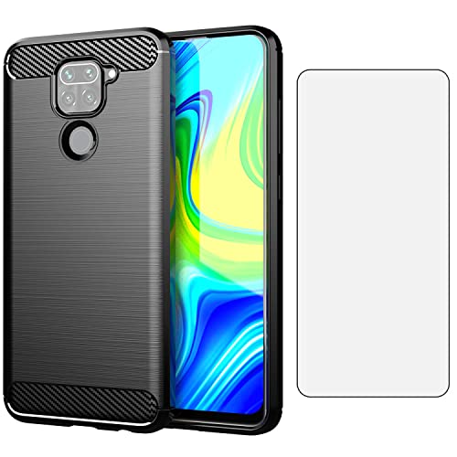 Asuwish Phone Case for Xiaomi Redmi Note 9 / Redmi 10X 4G with Tempered Glass Screen Protector Cover and Cell Accessories Soft TPU Silicone Protective Redme Note9/X10 Women Men Carbon Fiber Navy Black