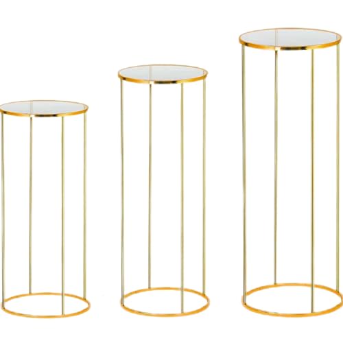 Tectsia 3pcs Metal Cylinder Pedestal Stand for Party, Cilindros Para Decoraciones De Fiestas, Round Cake Pedestal Tables for Wedding Display, Event Decor with Floral Plant, Birthday Backdrop- Gold