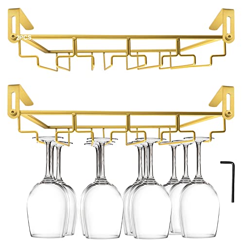 AUHOKY Adjustable Wine Glass Holder Under Shelf, Nail Free Metal Stemware Holder Storage Hanger, Hanging Wine Glasses Rack Organizer Under Cabinet Mount for Bar Kitchen (4 Rows, Gold)