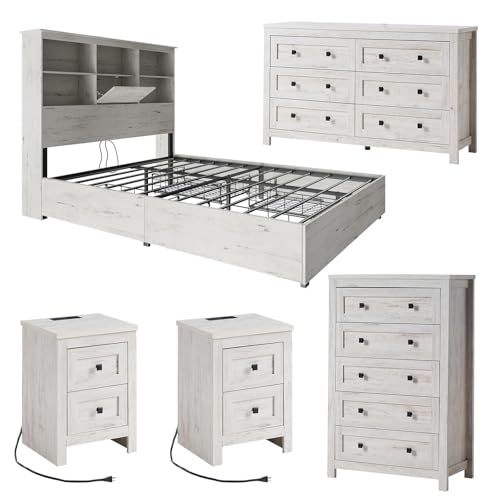 LUXOAK 5-Piece Bedroom Set, 1 X Queen Size Bed Frame, 1 X 5 Drawer Dresser, 1 X Wood Rustic 6 Drawer Storage Dresser, Nightstand Set of 2 with Charging Station, Farmhouse Bedroom Furniture, White