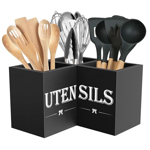 Suli Exact Large Kitchen Utensils Holder with 3 Compartments,Corner Utensil Caddy for Countertop,Wooden Utensil Organizer for Kitchen Countertop, Farmhouse Decor- Black