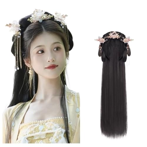 Retro Chinese Vintage Wig Ancient Chinese Style Wig for Girl Geisha Headband Wig Retro Headwear Wigs Bun Hair Pieces Hanfu Cosplay (Size : Wig+headwear1)
