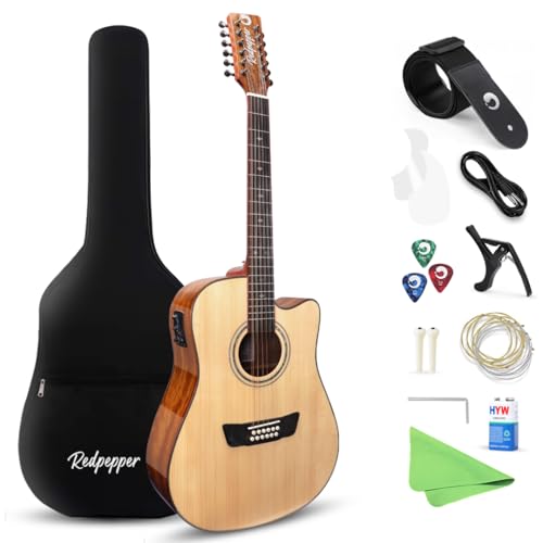 Redpepper 12 String Guitar Acoustic Electric - Solid Spruce Top, Walnut Back&Sides, Built-in EQ & Tuner, Rounded Frets, Natural Gloss, Guitarra de 12 Cuerdas for Beginners & Intermediate Adults Teens