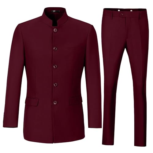 Chinese Suits Men Mandarin Collar Suit Regular Fit 2 Piece Burgundy Suit Traditional Chinese Men's Clothing L