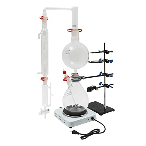 LyeXD 2000ml Essential Oil Distillation Apparatus Lab Glassware Kits with Condenser + Hot Stove + Essential Oil Separator, Lab Glassware Distillation Kit Water Distiller Purifie, 24/40, 40/38 Joint