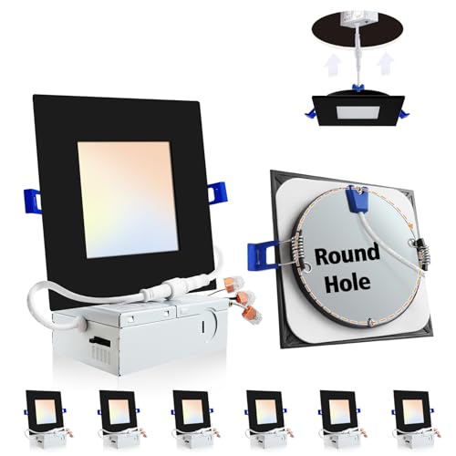 Adetu 6 Pack 6 inch Square Led Recessed Lighting Black,5CCT Ultra Thin Square Led Ceiling Light with Junction Box, 2700K/3000K/3500K/4000K/5000K Selectable,Dimmable,ETL and Energy Star Certified