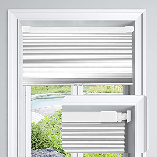 LazBlinds Cordless Cellular Shades, No Tools No Drill Blackout Honeycomb Shades Pleated Blinds for Windows, 35" W x 64" H, Silver White