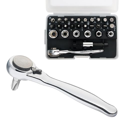 Sharden 1/4 Mini Ratchet Set 28pcs Right Angle Screwdriver and Bit with Metric Socket Set, 72 Tooth Small Ratcheting Wrench Offset Screwdriver Low Profile Stubby Ratchet for Tight Spaces