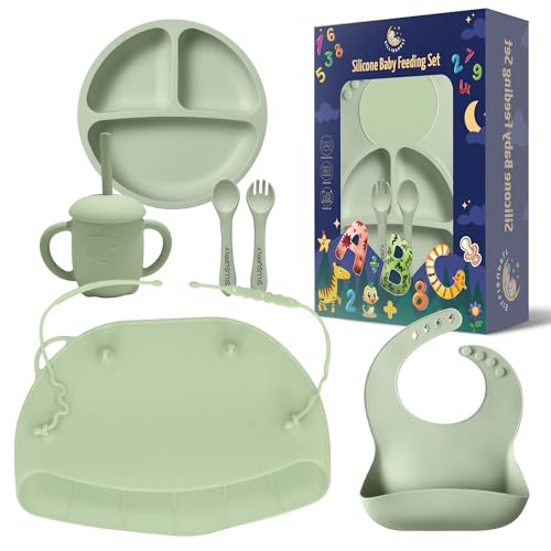 SilliSupply Silicone Baby Feeding Set with Utensil Holders & Catch Compartment - Innovative Weaning Kit with Bib, Spoon, and Suction Mat