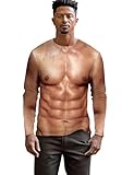 Mens Fake Muscle Shirt 6 Pack Abs Hairy Chest Tshirt Funny Printed Shirtless Long Sleeves Rave Shirts King Costumes Halloween Outfits