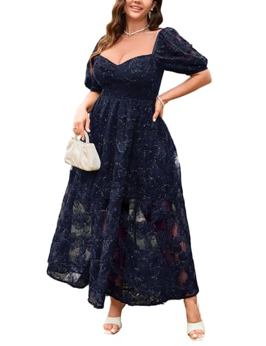Women's Cocktail Dresses - Navy Floral Dress for Curvy Women - Summer Wedding Guest Dresses - Navy Blue Dress for Women - Ladies Lace Sundress