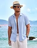 COOFANDY Men's Summer Linen Shirt - Casual Short Sleeve Button-Down Beach Wedding - Clear Blue