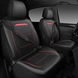 CAR PASS Leather Car Seat Cover Full Set with Steering Wheel Cover and 2PCS Seat Belt Shoulder Pads,for Trucks and SUV with Built-in Seatbelts and Front Seat Side Armrests(Combo Set, Black and Red)